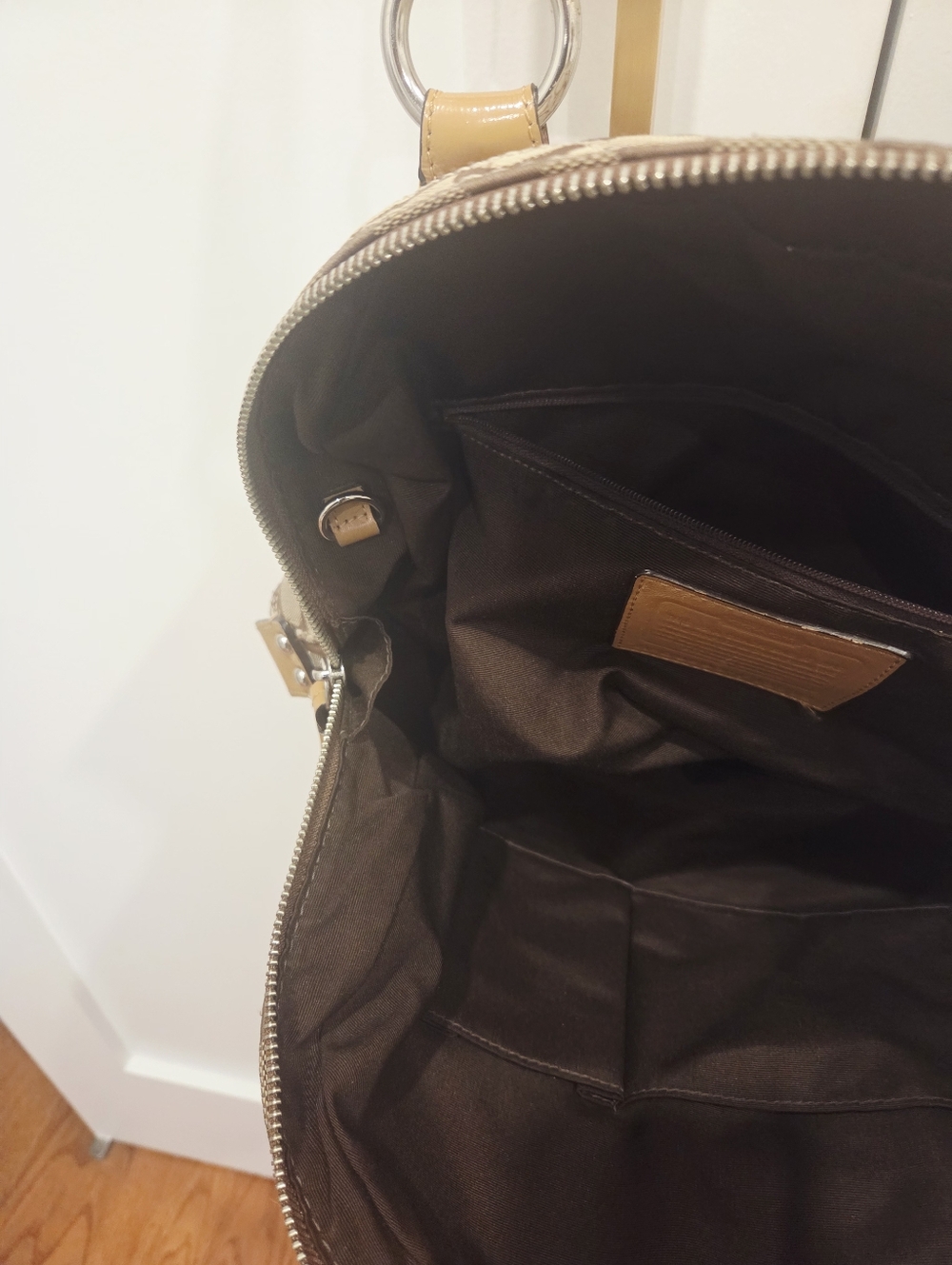 Coach Large  Khaki Signature Dome Shoulder Bag with Tan Leather Trim - Picture 8 of 9